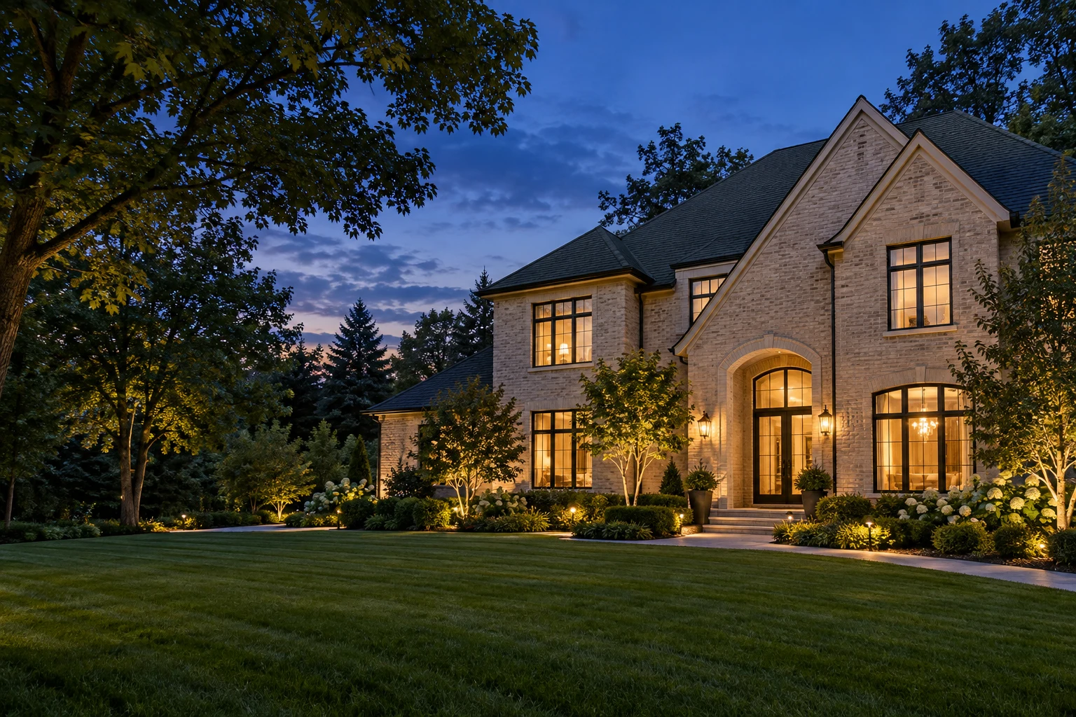 Welcoming two-story home surrounded by mature trees at dusk