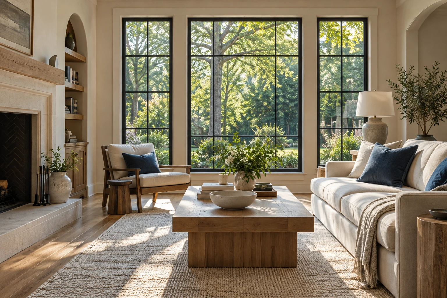 Sunlit living room with oak furniture and blue accents