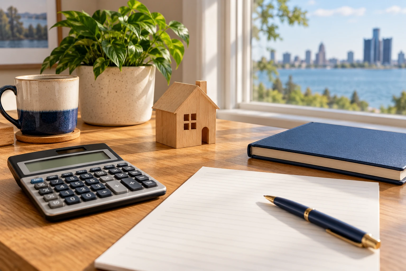 Home purchase planning materials on a desk
